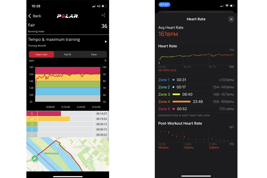 Man sieht die aufgezeichneten Daten der Apple Watch Ultra und des Polar H10 Brustgurts.